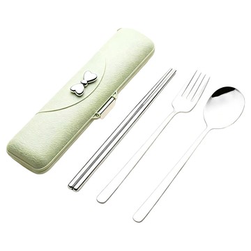 DeLi Life 德利生活 蝴蝶結不鏽鋼餐具  牛油果綠色  1套  筷子 + 湯匙 + 叉子 + 外盒