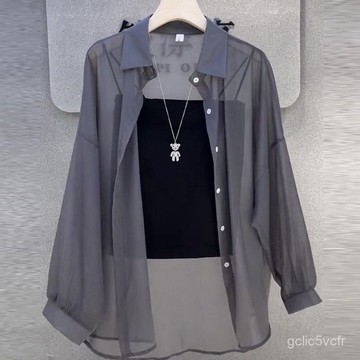 臺灣出貨 M-4XL 大尺碼外套 防曬衣 雪紡上衣 冰絲防曬衣女 夏季新款黑色雪紡防曬襯衫寬鬆薄款女外穿