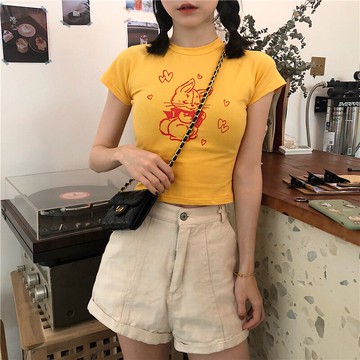 夏季顯瘦減齡前后印花短袖T恤顯瘦短款露臍打底衫女學生上衣1入