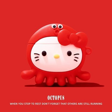 卡通 紅色章魚 Kitty 適用於 AirPods 4 保護殼 Pro2 保護套 AirPods 1 2 3 全包耳機殼