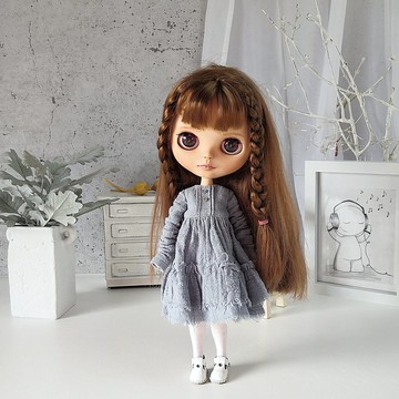 灰藍色連衣裙 Blythe Clothes Blythe doll 手工連衣裙娃娃