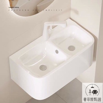 公司貨 免稅 小戶型洗手盆臺盆陶瓷一體雙盆洗漱臺簡易掛墻式洗臉盆陽臺衛生間 PDD-35洗手台