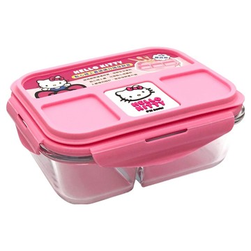 Hello Kitty 凱蒂貓 點心分格玻璃保鮮盒 1050ml 附餐具組 耐高溫  1個