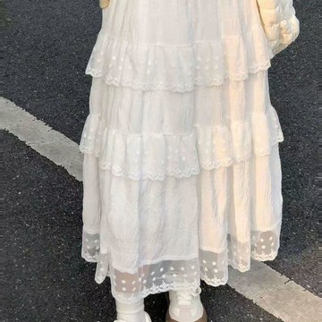【設計拼接法式甜美蕾絲半身裙 百搭高腰顯瘦蛋糕長裙 裙子 長裙 蛋糕裙 半身長裙 高腰裙 蕾絲裙 法式裙 拼接裙 新款裙