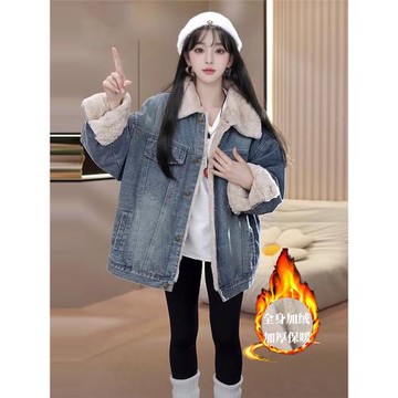 冬季牛仔外套女加絨加厚慵懶風港風復古保暖一體絨百搭夾克上衣女
