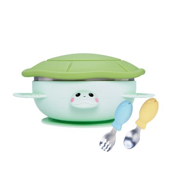 海洋歷險趣-不鏽鋼兒童矽膠學習組-海龜/企鵝 淡淡藍-海龜寶寶碗