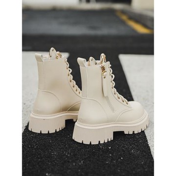 2025秋冬季新款百搭加絨內增高真皮短靴白色平底厚底馬丁靴女單靴