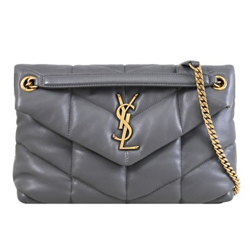 YSL 577476 PUFFER 柔軟絎縫小羊皮翻蓋肩背/斜背中型鍊包.灰
