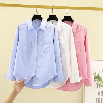 春秋新款時尚休閑純棉牛津紡襯衫女百搭顯瘦職業裝白色襯衣學生潮