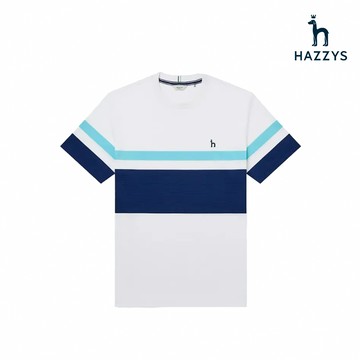【HAZZYS】男款白色100%棉質短袖圓領舒適透氣短袖條紋T恤 YAVEB800