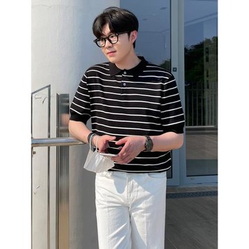 MRCYC條紋短袖翻領T恤男夏季韓系潮流休閑百搭POLO衫純棉寬松保羅