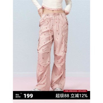 AYF小櫻桃刺繡工裝褲 秋季慵懶微喇梭織刺繡滿印寬松休閑工裝褲女