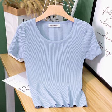 夏季百搭修身顯瘦短款圓領冰絲針織女短袖打底衫套頭上衣t恤薄款