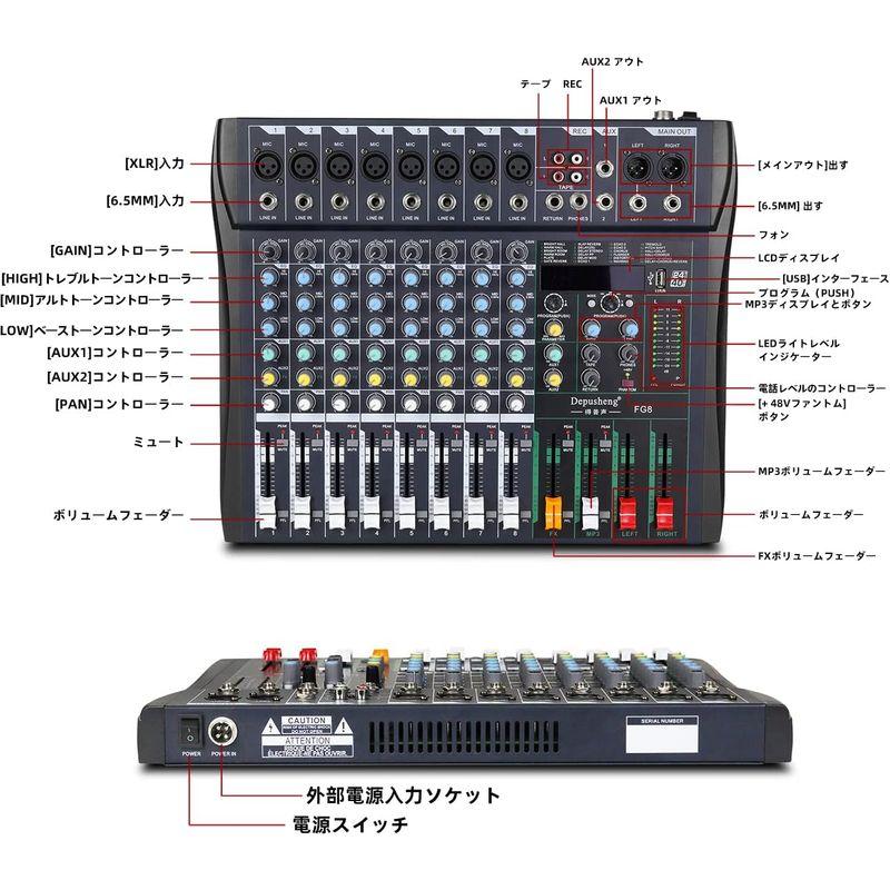 Depusheng FG8 24種類のDSPエフェクトを備えたプロフェッショナルDJサウンドコントローラー8チャンネルミキサーMP3プレーヤ