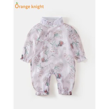 嬰兒衣服春裝新生女寶寶中國風蕾絲連體衣公主長袖爬服百天滿月服