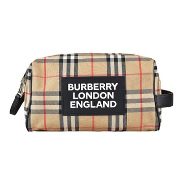 BURBERRY 巴寶莉  Appliqué Vintage白字LOGO帆布雙拉鍊釦式手提收納旅行包(典藏米)