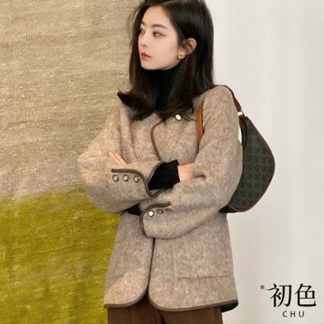 初色 復古圓領雙排扣小香風毛呢大口袋大衣外套-駝色-38218(M-2XL可選)