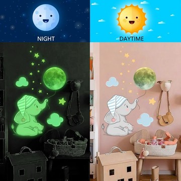 大象月亮雲朵夜光貼 紙客廳臥室兒童房裝飾自粘防水卡通熒光牆貼畫