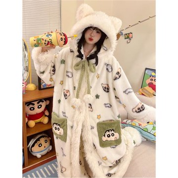 【蠟筆小新聯名】卡通連帽珊瑚絨睡袍秋冬季加厚保暖睡衣女家居服