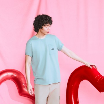 FILA #復古飛馳 中性短袖純棉圓領T恤-粉藍 1TEZ-5402-BU