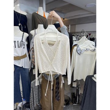 十三行初秋凈色氣質顯瘦減齡百搭吊帶針織上衣+針織開衫兩件套女