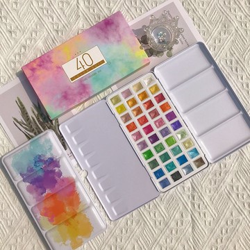 40色珠光固體水彩顏料鐵盒小清新套裝兒童學生初學者專業美術工具
