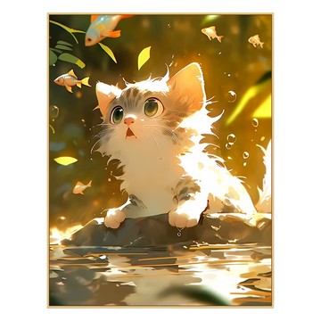 鑽石畫 貓與魚  30 x 40cm  原木色