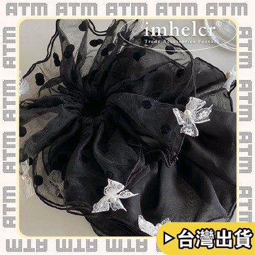 🔥臺灣出貨🔥可開發票✅輕飾時光日韓ins氣質黑紗波點蝴蝶結蕾絲髮圈時尚小衆新款丸子頭花髮繩女