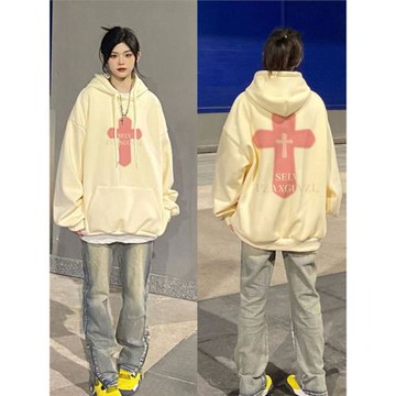 重磅衛衣女2024新款美式復古慵懶風秋冬黃色加絨連帽外套oversize