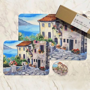 【帕斯特收納生活】 雙層超吸水墊子禮盒組-漫遊小鎮 天秤座生日禮物  (浴室防滑/腳踏墊/桌墊/杯墊/地墊)