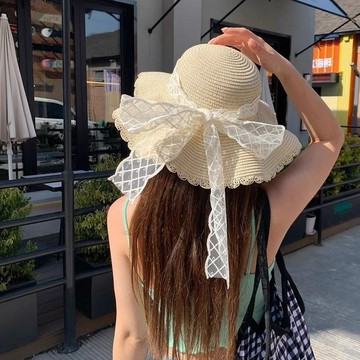 優選好物 | 法式波浪邊蕾絲蝴蝶結草帽女夏 大帽簷太陽帽 度假風沙灘海邊遮陽帽