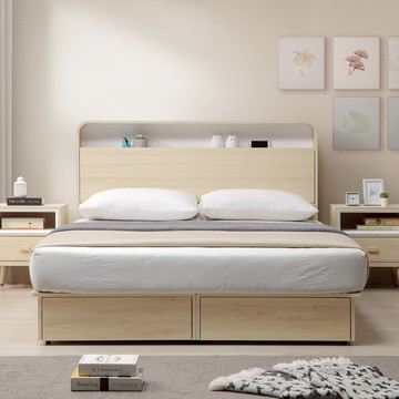 直人木業-SNOW北歐風白楓木收納大四抽附USB插座床組/雙人標準5尺