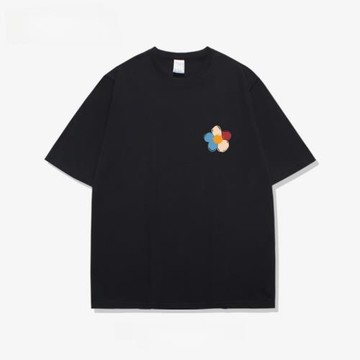 四色小花簡約設計感短袖t恤男潮牌純棉大碼寬松休閑黑色半袖