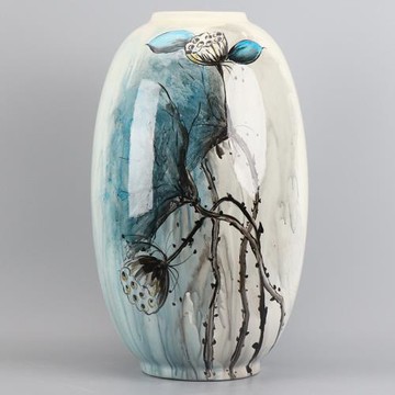 新中式花瓶創意手繪荷花陶瓷擺件禪意客廳玄關樣板房插花花器擺設