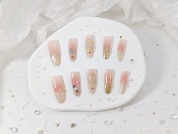 【YUE】晨曦金霧-柔霧珍珠邊框穿戴甲 長橢圓甲