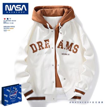 NASA宇航局潮牌工作室港風潮男外套假兩件春秋季寬松休閑印花連帽