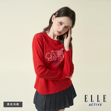 ELLE ACTIVE-男女共款 印花圓領長袖T恤巴黎凱旋門-紅