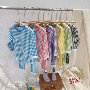 🎀biubiu童裝🎀2021秋冬新款套裝韓國家居服兒童格子套裝男女童寶寶睡衣套秋衣褲