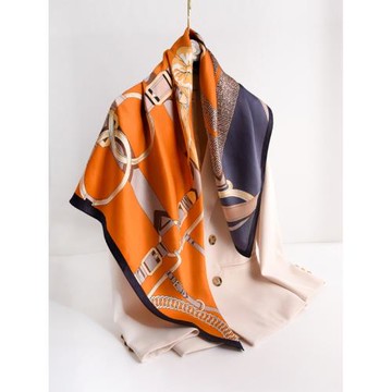輕奢品牌真絲絲巾女秋冬橘色洋氣時髦愛馬風桑蠶絲大方巾披肩