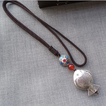 原創民族風復古仿古銀魚吊墜紅瑪瑙水晶長項鏈女時尚毛衣鏈