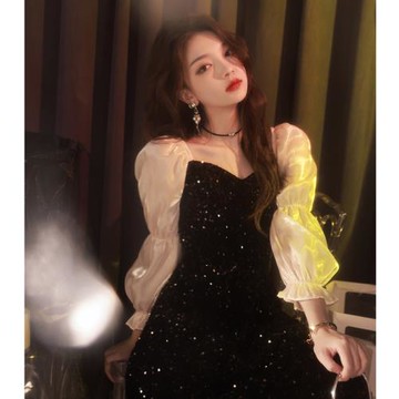 黑色晚禮服裙女宴會氣質高端輕奢小眾主持人連衣裙高級感法式亮片