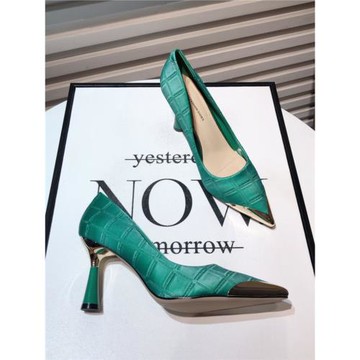歐美2024新款法式少女金屬尖頭細跟淺口單鞋顯瘦高跟鞋綠色晚晚鞋