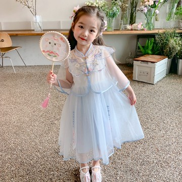 love, charlotte - 仙氣荷葉領雪紗外套配連身無袖洋裝兩件套-寶寶藍