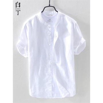 (免運)夏季日系立領薄款冰絲亞麻襯衫男短袖寬松休閑半棉麻襯衣白色寸衫