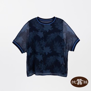 【岱妮蠶絲】純蠶絲柔美喬其紗女拼接撞色羅紋圓領休閒上衣-WWL41414HE(墨色楓葉-深藍)