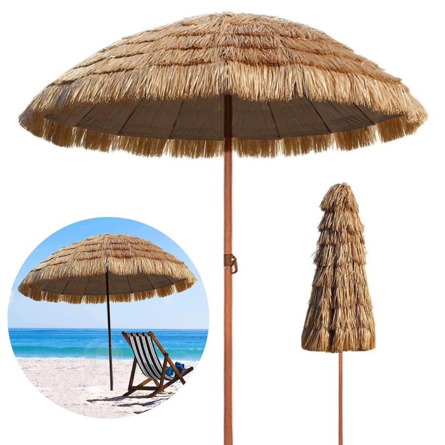 200cm Thatch Patio Umbrella, Tropical Hawaiian Beach Straw Parasol Umbrella With Tilt, Straw Top With Sun Shade Fabric, For Outdoor, Sunshade, Gardens
