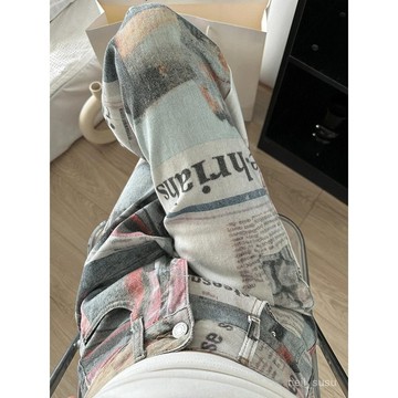 P3-【限時特賣】牛仔褲女 牛仔長褲 高腰牛仔褲 牛仔寬褲 高腰褲 長褲女 美式高街印花報紙小眾牛仔褲女夏季2024高腰