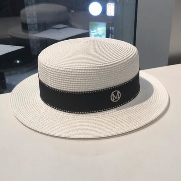 新款網紅防曬遮陽水鉆M標平頂草帽女韓版百搭復古英倫白色小禮帽