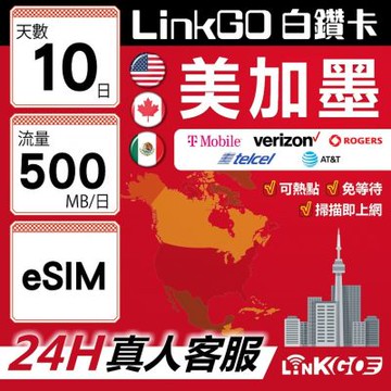 【LinkGO】白鑽卡 美加墨 eSIM卡 10天上網卡 每日500MB 高速流量(美國 加拿大 墨西哥)