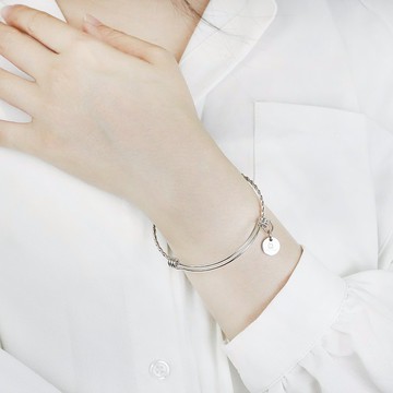 【客製】麻花伸縮不鏽鋼手鐲 / 銀色 / 可刻字